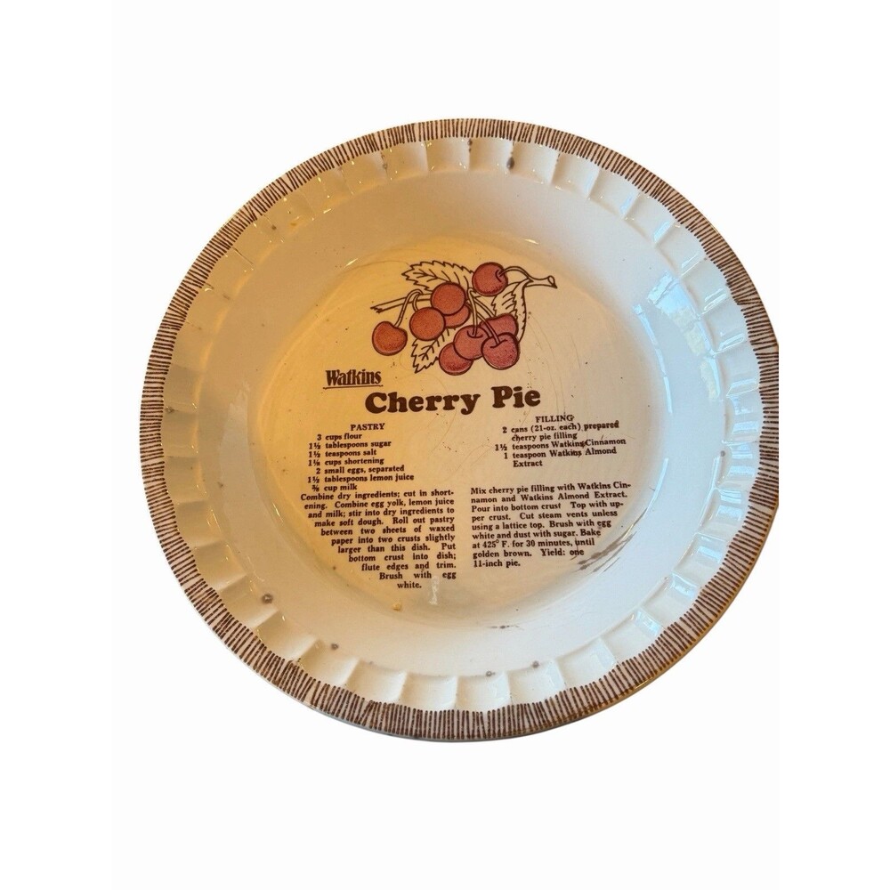 Vintage Watkins 11" Stoneware Cherry Pie Plate with Recipe #6294